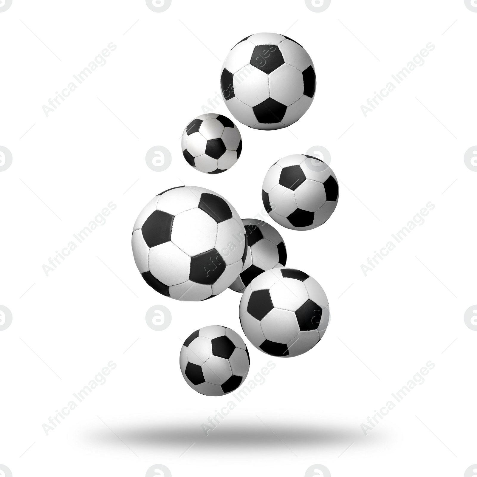 Image of Many soccer balls falling on white background