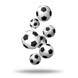 Image of Many soccer balls falling on white background