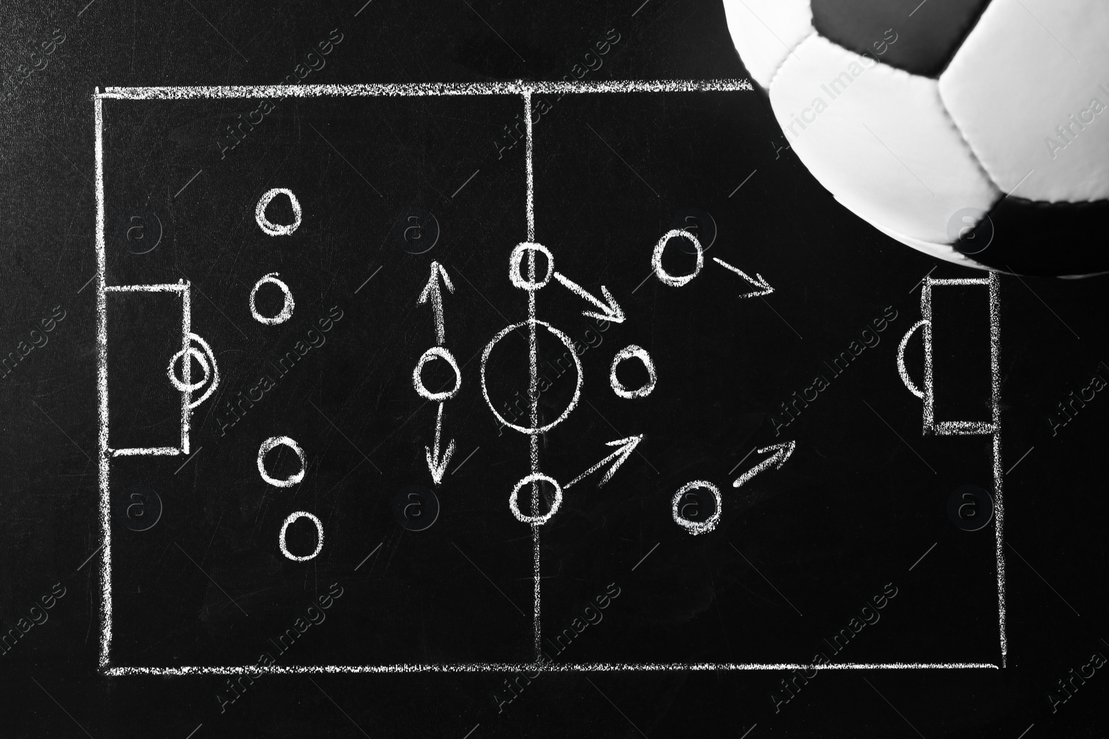 Photo of Chalkboard with football game scheme and soccer ball, top view