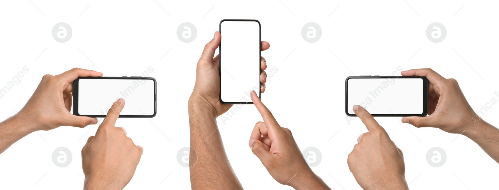 Image of Men holding phones with blank screens on white background, closeup. Set of photos