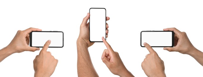 Image of Men holding phones with blank screens on white background, closeup. Set of photos