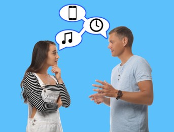 Man and woman talking on light blue background. Dialogue illustration, speech bubbles with icons