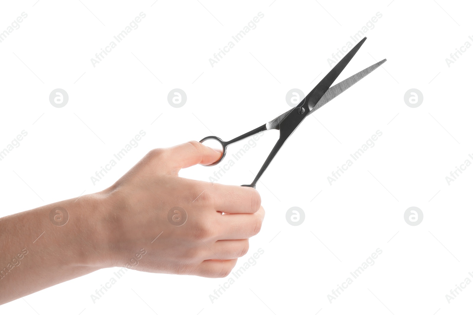 Photo of Woman holding hairdresser's scissors on white background, closeup