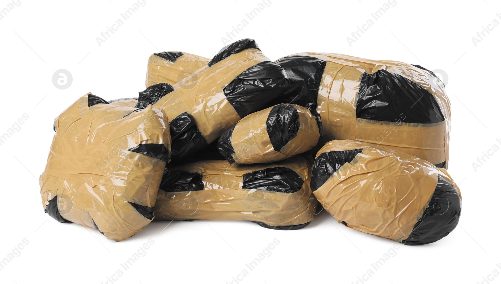 Photo of Packages with narcotics isolated on white. Drug addiction