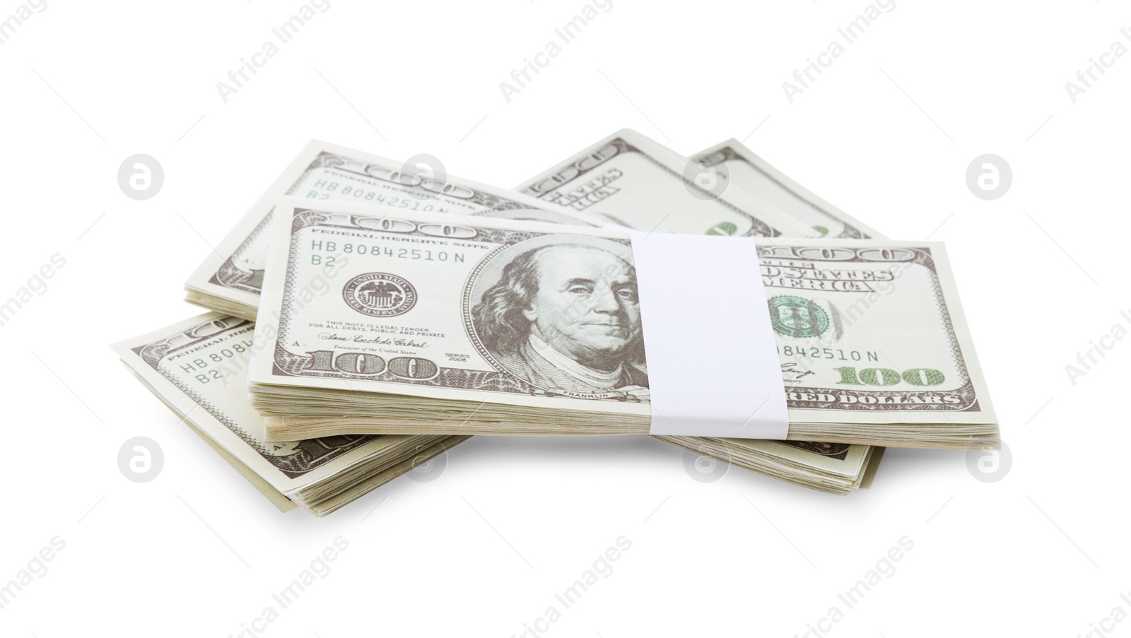 Photo of Bundles of dollar banknotes isolated on white. American national currency