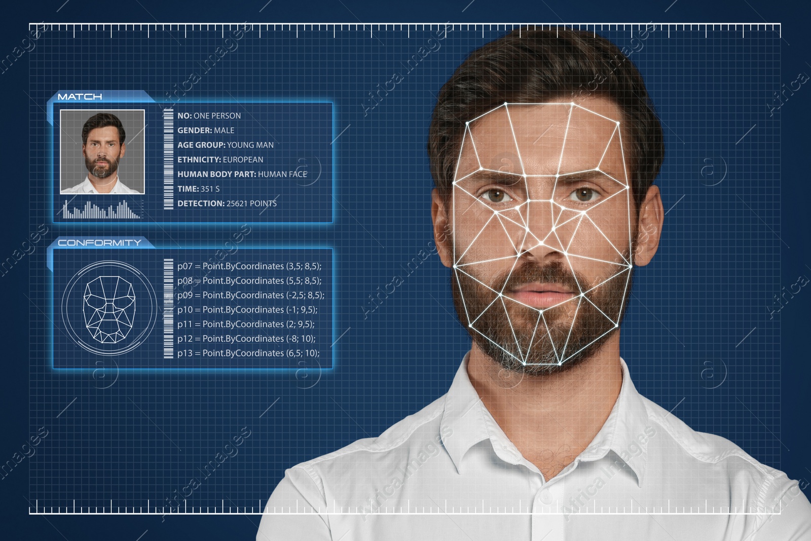 Image of Facial recognition system. Man with personal data and digital biometric grid on blue background