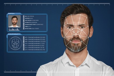 Image of Facial recognition system. Man with personal data and digital biometric grid on blue background