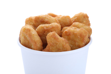 Bucket with tasty chicken nuggets isolated on white, closeup
