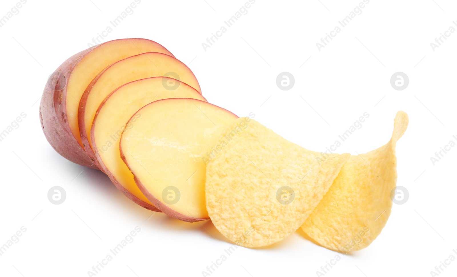 Photo of Raw potato and tasty chips on white background