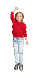 Photo of Cute little girl jumping on light grey background