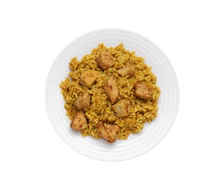 Photo of Plate of delicious rice with chicken isolated on white, top view