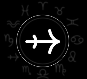 Sagittarius astrological sign and zodiac wheel on black background. Illustration 