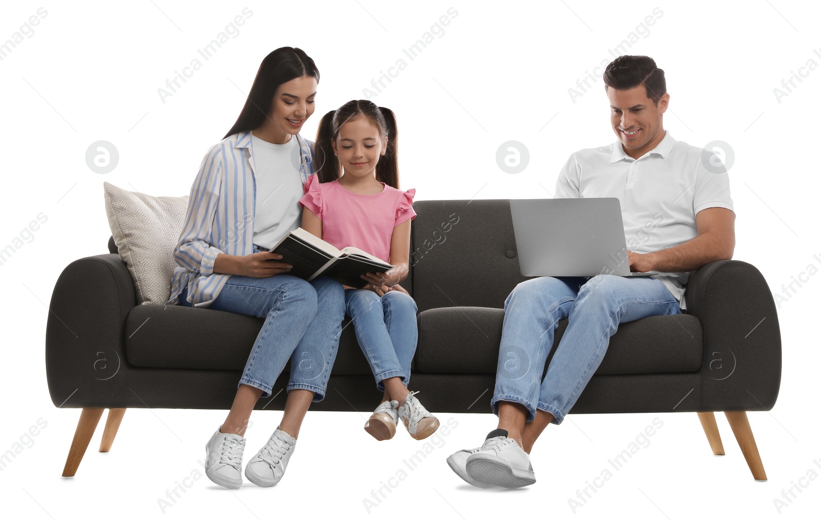 Photo of Happy family resting on comfortable grey sofa against white background