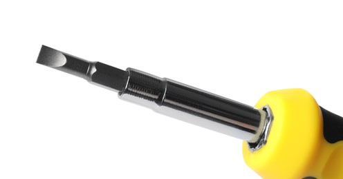 Photo of One screwdriver with yellow handle isolated on white