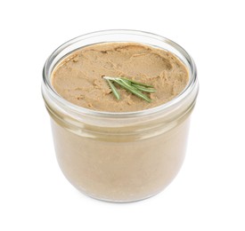 Photo of Glass jar with tasty liver pate and rosemary on white background