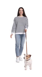 Photo of Smiling woman walking her dog on white background