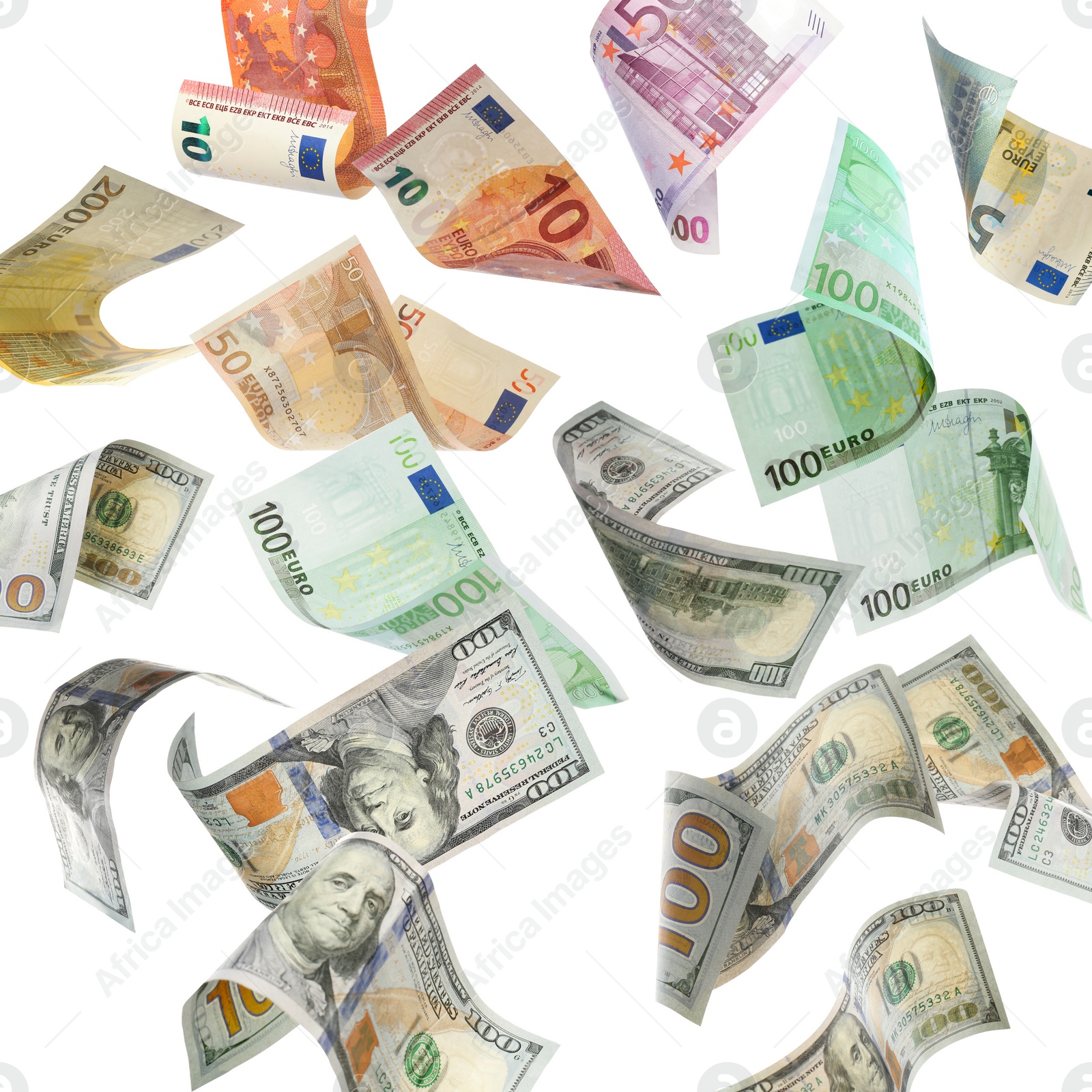 Image of Money exchange. Many dollars and euro banknotes falling on white background