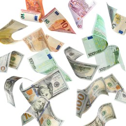 Money exchange. Many dollars and euro banknotes falling on white background