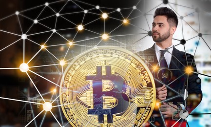 Image of Multiple exposure of bitcoin on circuit board, businessman and scheme