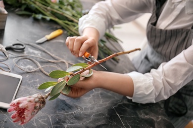 Female florist pruning stem over table, closeup