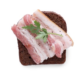 Sandwich with pork fatback isolated on white, top view