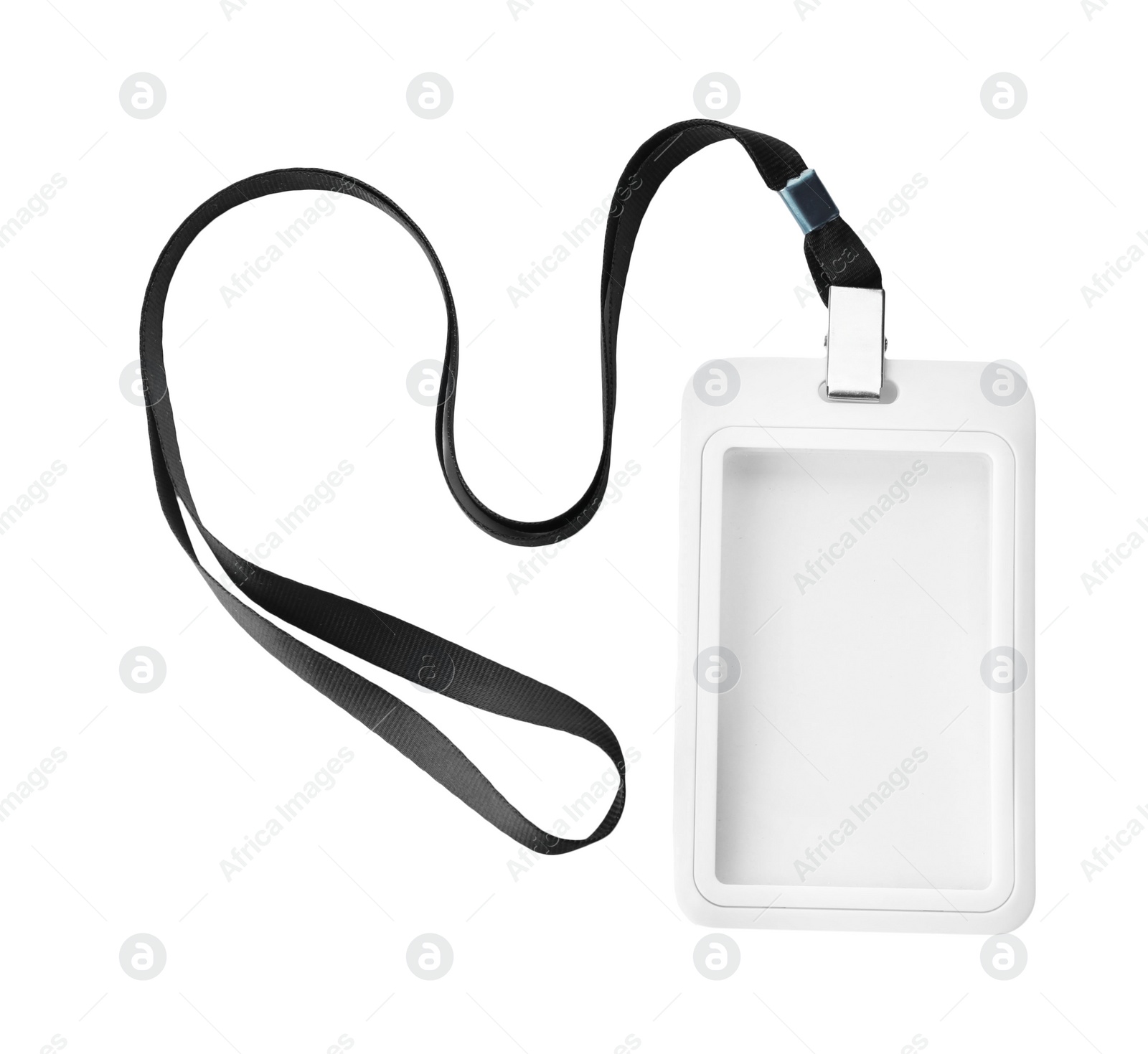 Photo of Blank badge with black string isolated on white, top view