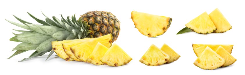 Image of Set with cut and whole pineapples isolated on white