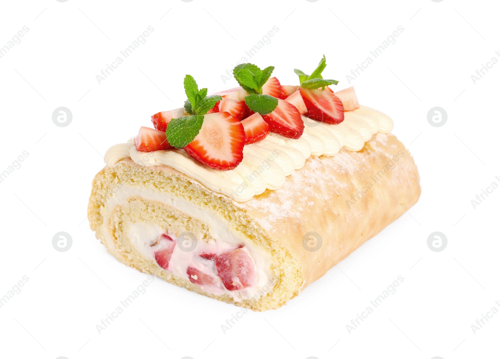 Photo of Delicious cake roll with strawberries and mint isolated on white