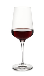 Photo of Glass of delicious expensive red wine on white background