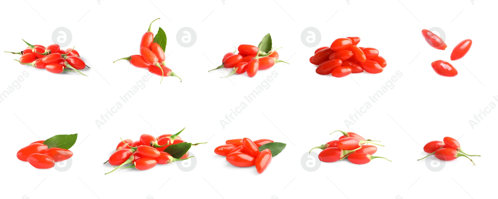 Image of Set of fresh goji berries on white background. Banner design