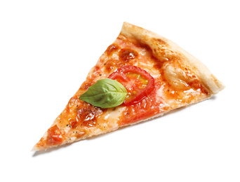 Slice of delicious pizza Margherita isolated on white