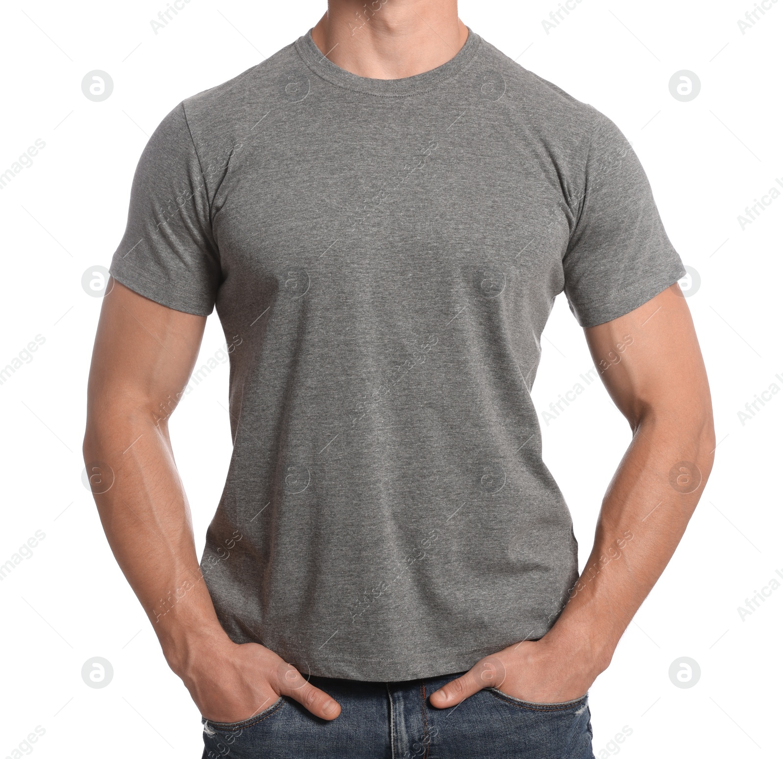 Photo of Man wearing grey t-shirt on white background, closeup. Mockup for design