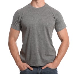 Man wearing grey t-shirt on white background, closeup. Mockup for design