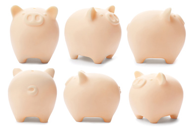 Image of Set with ceramic piggy bank on white background