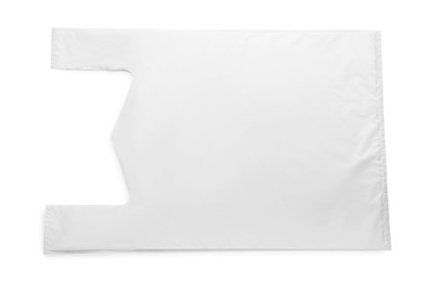Photo of Blank plastic bag on white background, top view. Space for design