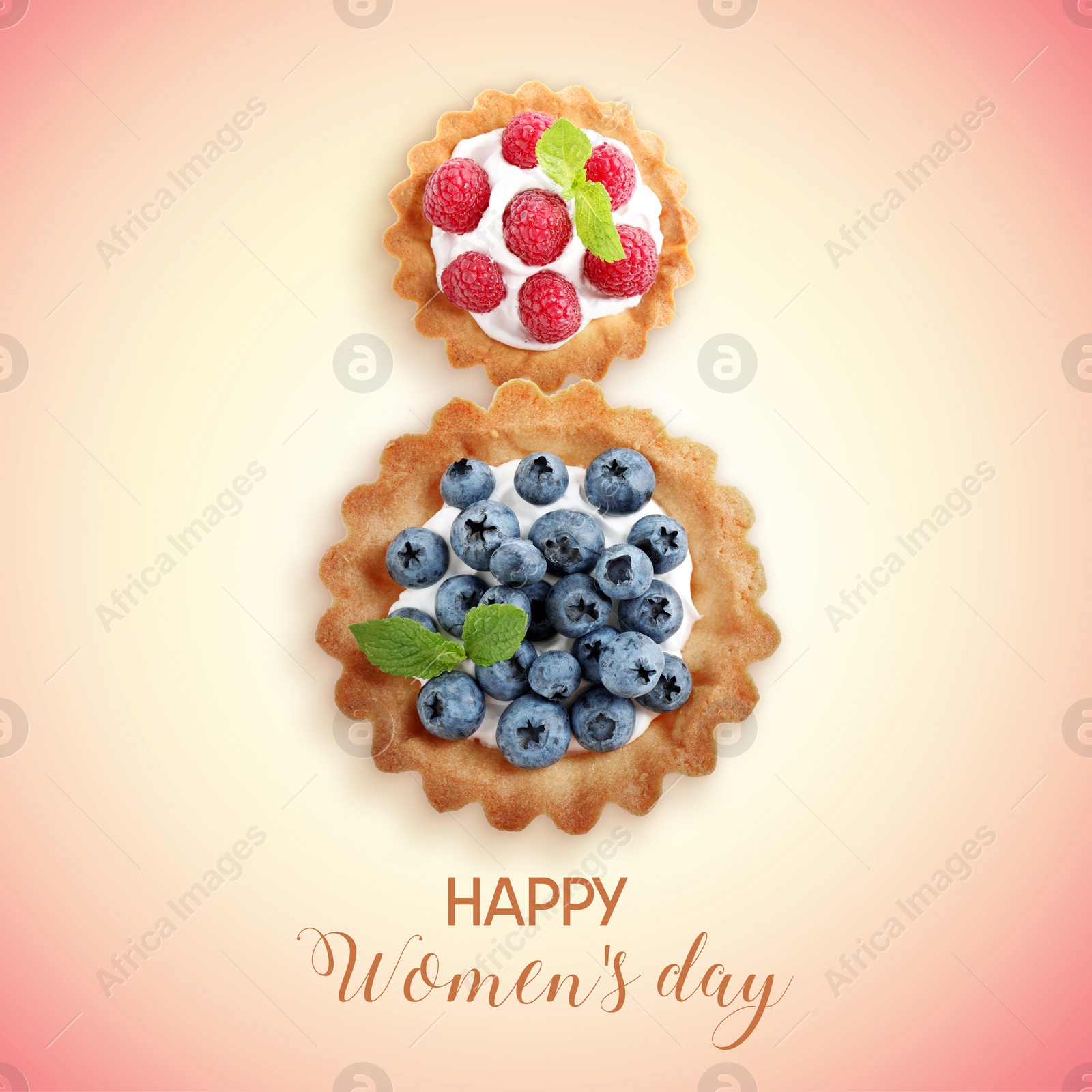 Image of 8 March - Happy International Women's Day. Card design with shape of number eight made of dessert on gradient background, top view