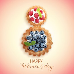 Image of 8 March - Happy International Women's Day. Card design with shape of number eight made of dessert on gradient background, top view
