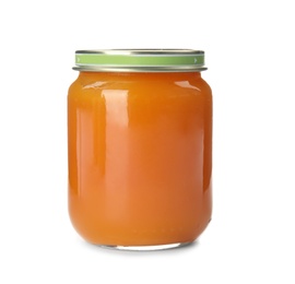 Photo of Jar with healthy baby food on white background