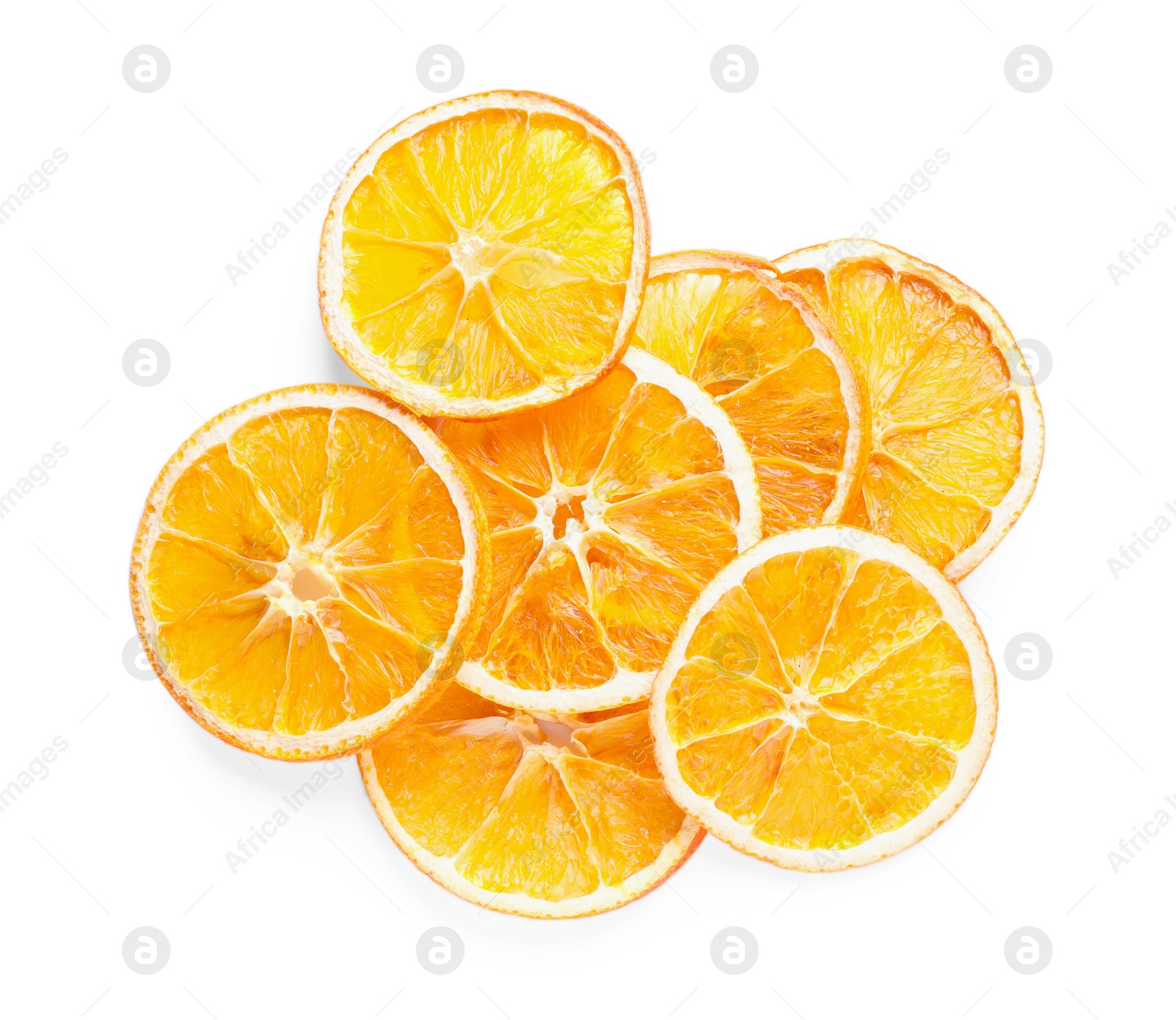 Delicious dry orange slices on white background, top view Photo of Delicious dry orange slices on white background, top view