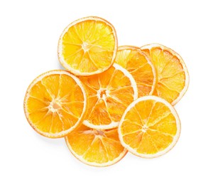 Photo of Delicious dry orange slices on white background, top view