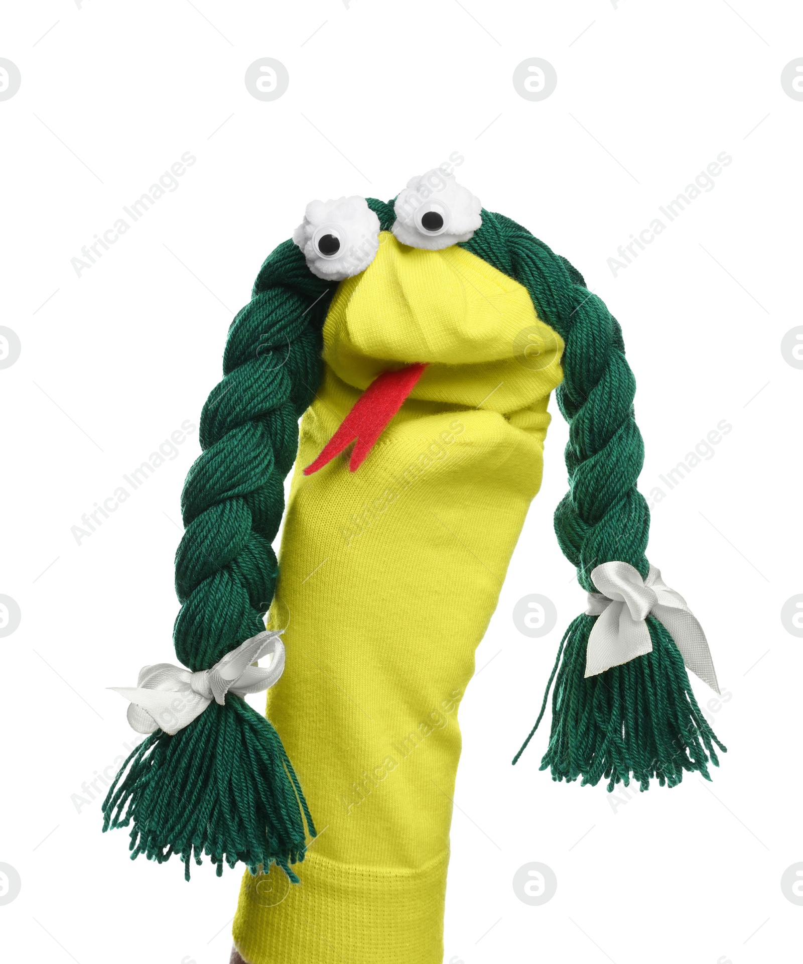 Photo of Funny sock puppet with braids isolated on white