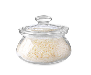 Photo of Uncooked rice in glass jar isolated on white