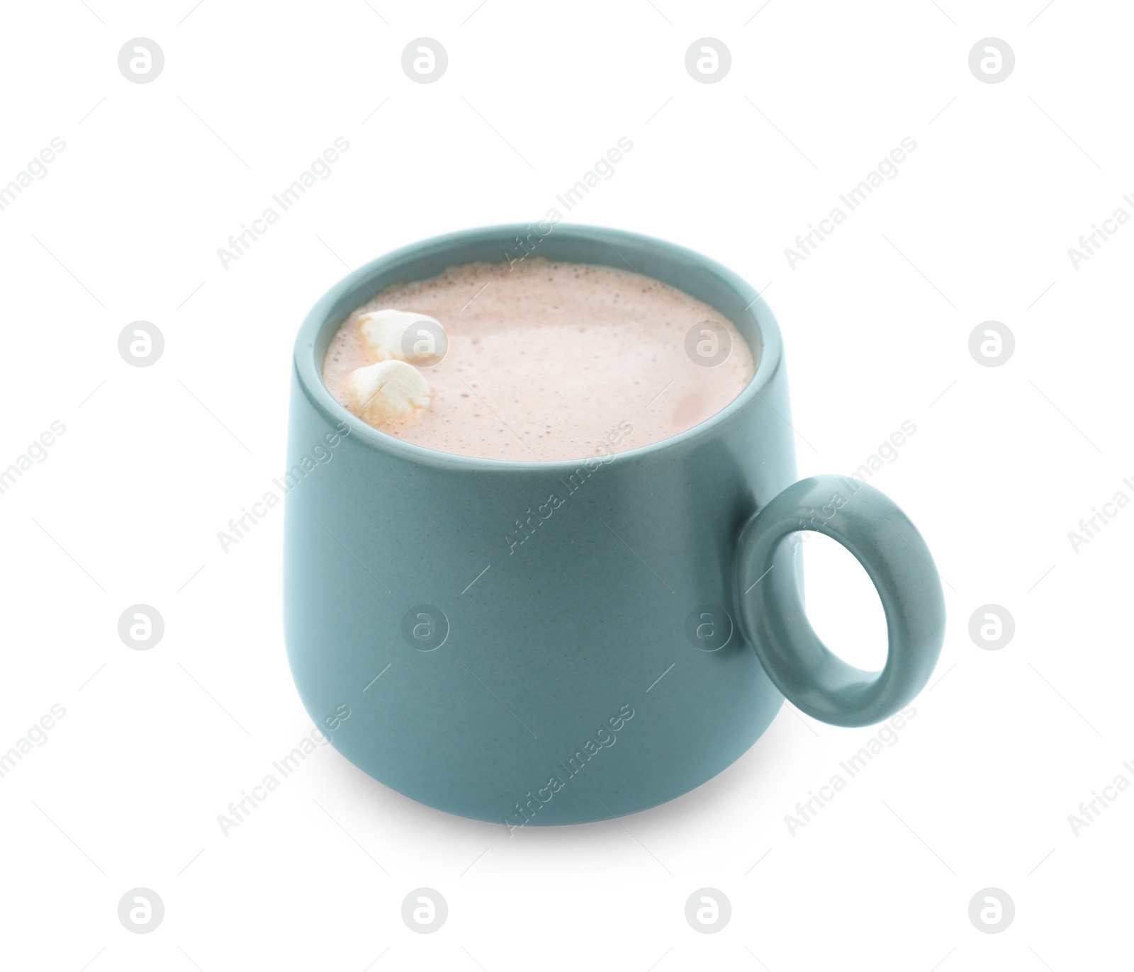 Photo of Delicious cocoa drink with marshmallows in blue cup on white background