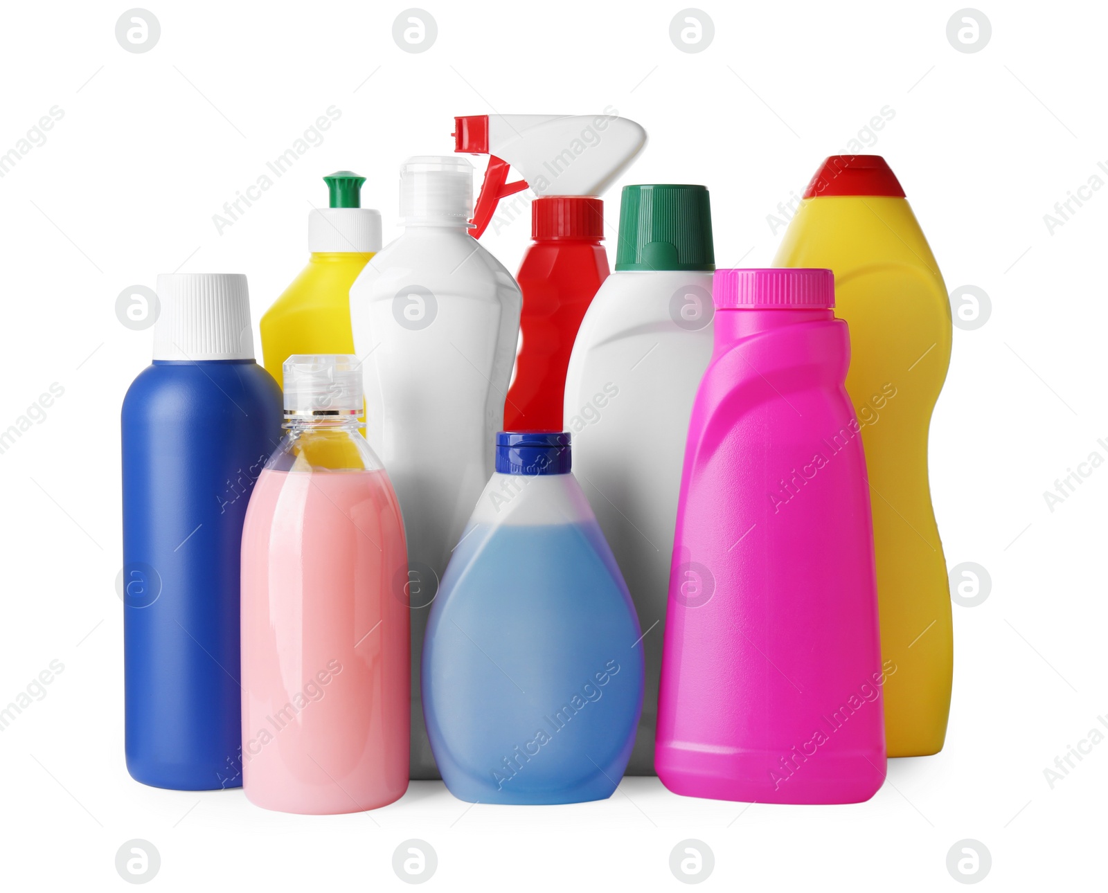 Photo of Set of different cleaning supplies on white background