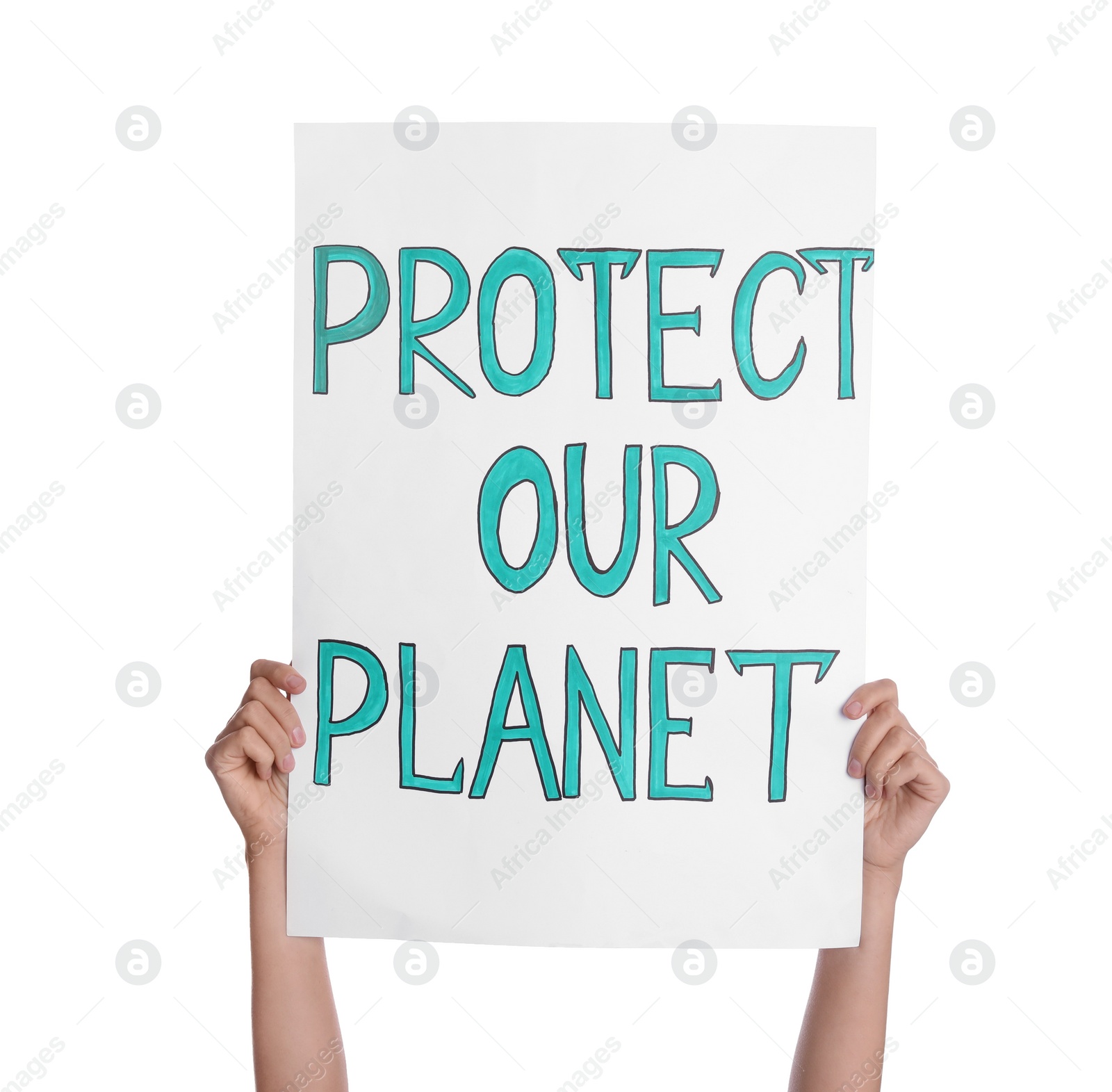 Photo of Protestor holding placard with text Protect Our Planet on white background, closeup. Climate strike