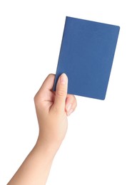 Woman holding Ukrainian travel passport on white background, closeup