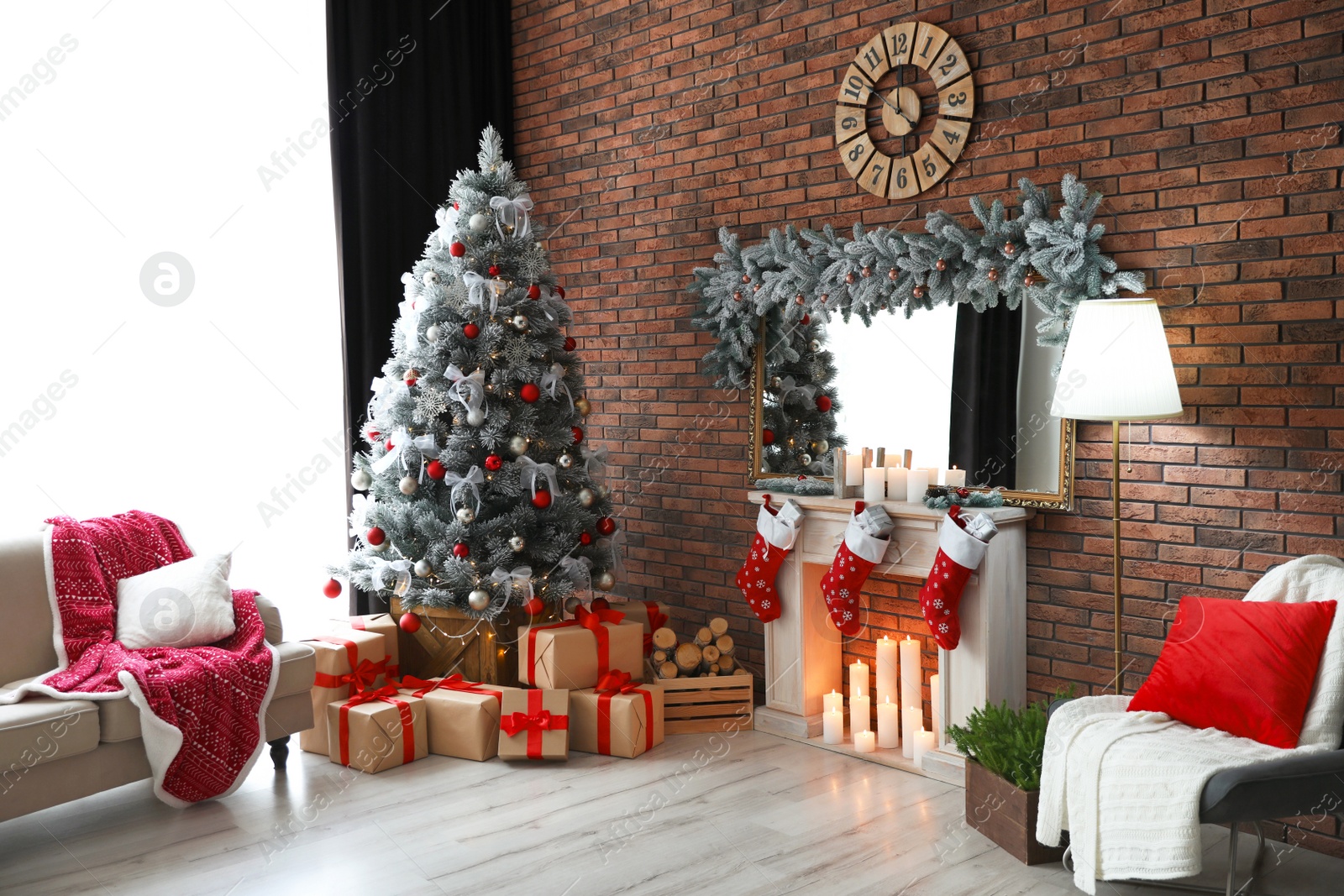 Photo of Stylish room interior with beautiful Christmas tree