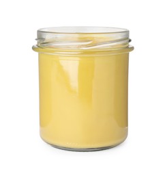 Glass jar of delicious mustard isolated on white