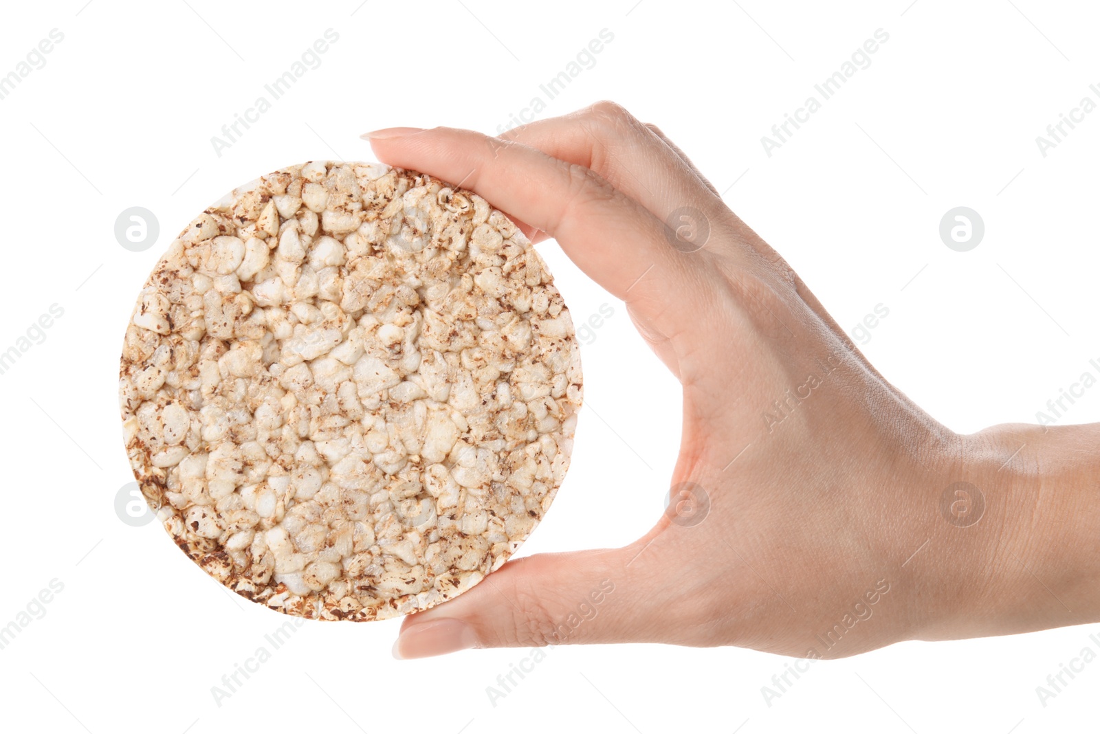 Photo of Woman holding crunchy crispbread isolated on white, closeup