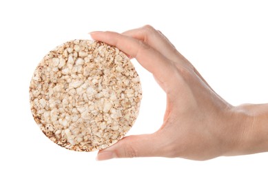 Photo of Woman holding crunchy crispbread isolated on white, closeup